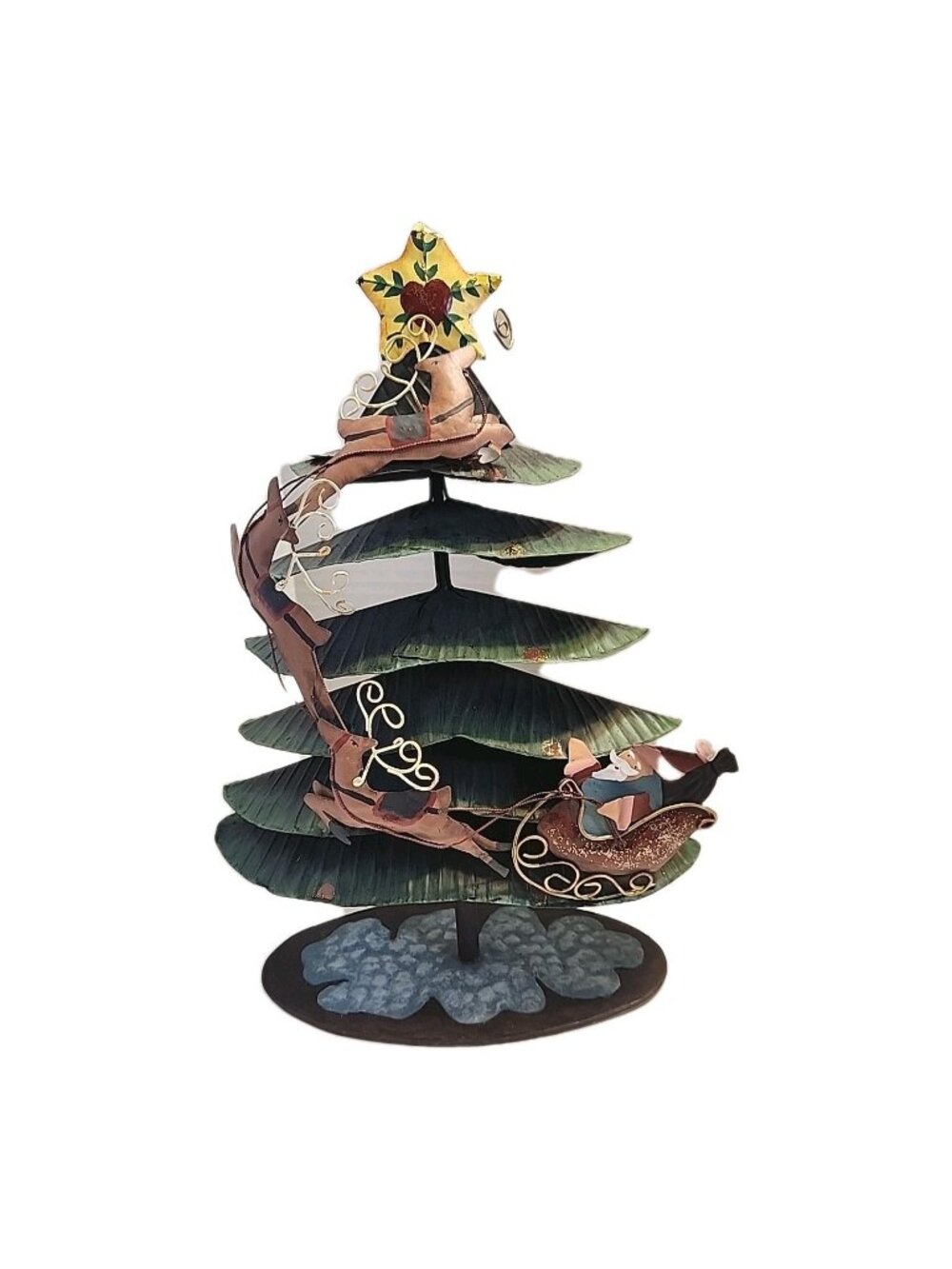 Vintage Metal Christmas Tree With Santa & Reindeers Tabletop Accent Decor READ